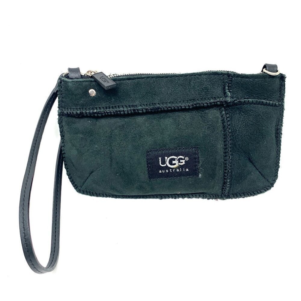 UGG Shearling Lined Suede Convertible Zippered Wristlet Pouch - Black, 8"x4.5"